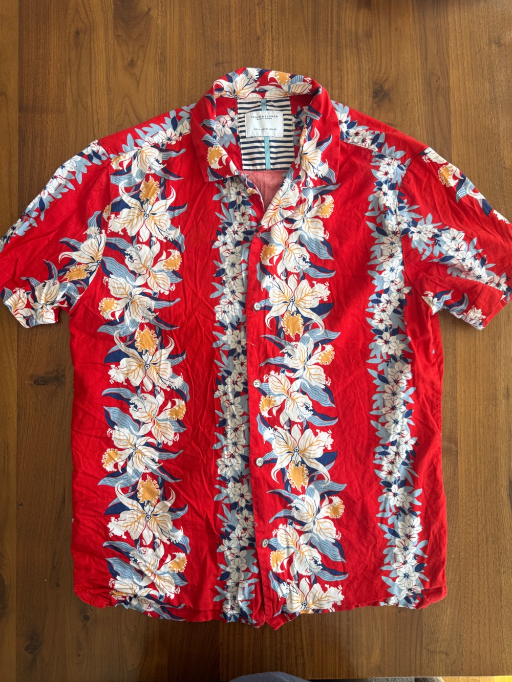 Denim & Flower Ricky Singh Shirt Mens M Red Floral Hawaiian Button Up